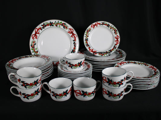 Christmas Ribbon and Holly Fine China Dinnerware Set of 38
