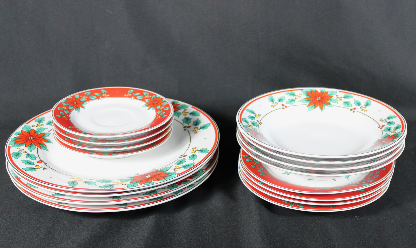 Elegant Poinsettia & Holly Christmas Dinnerware Collection 16 pcs