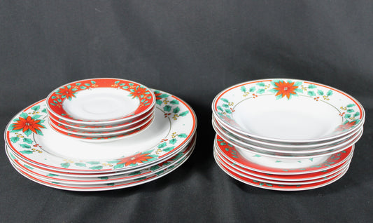 Elegant Poinsettia & Holly Christmas Dinnerware Collection 16 pcs