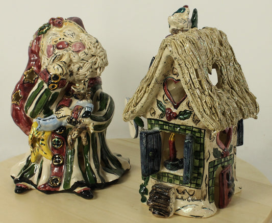Blue Sky Clayworks by Heather Goldminc Ceramic Santa & Thatched Roof House Decorations