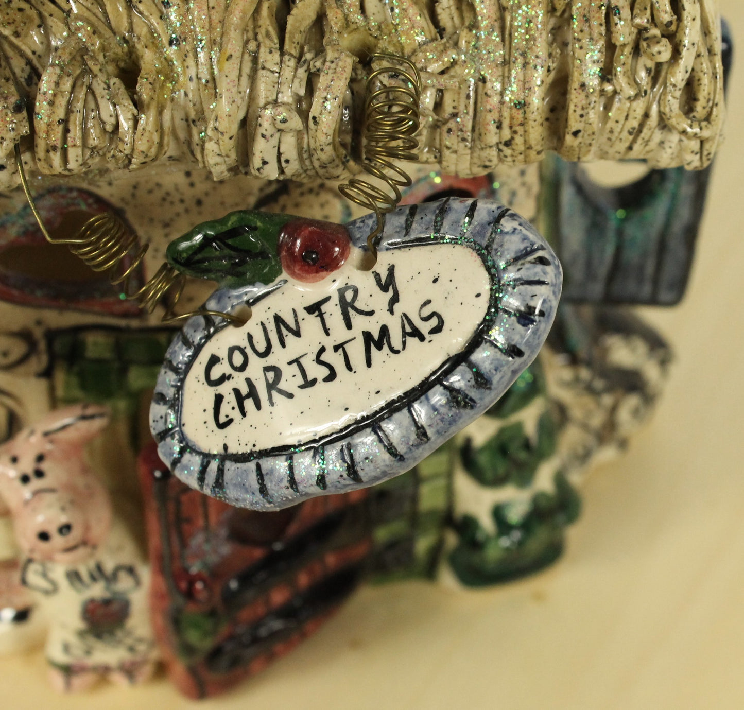 Blue Sky Clayworks by Heather Goldminc Ceramic Santa & Thatched Roof House Decorations