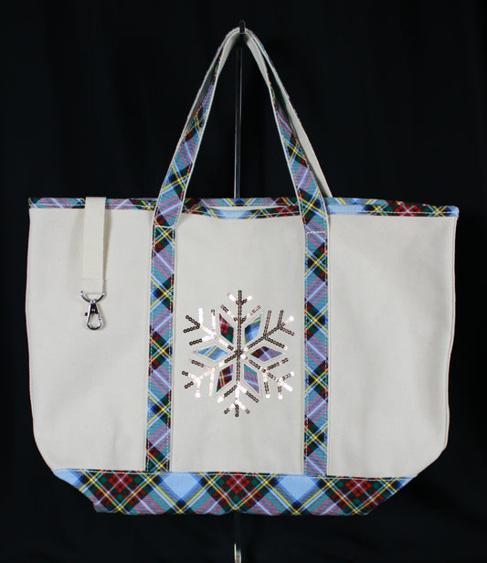 Lands' End Canvas Tote Bag with Sequin Snowflake and Plaid Trim