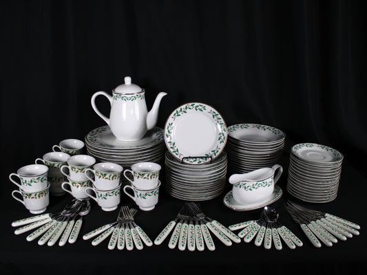 Elegant Christmas Holly Dinnerware and Flatware Set of 113 piece set