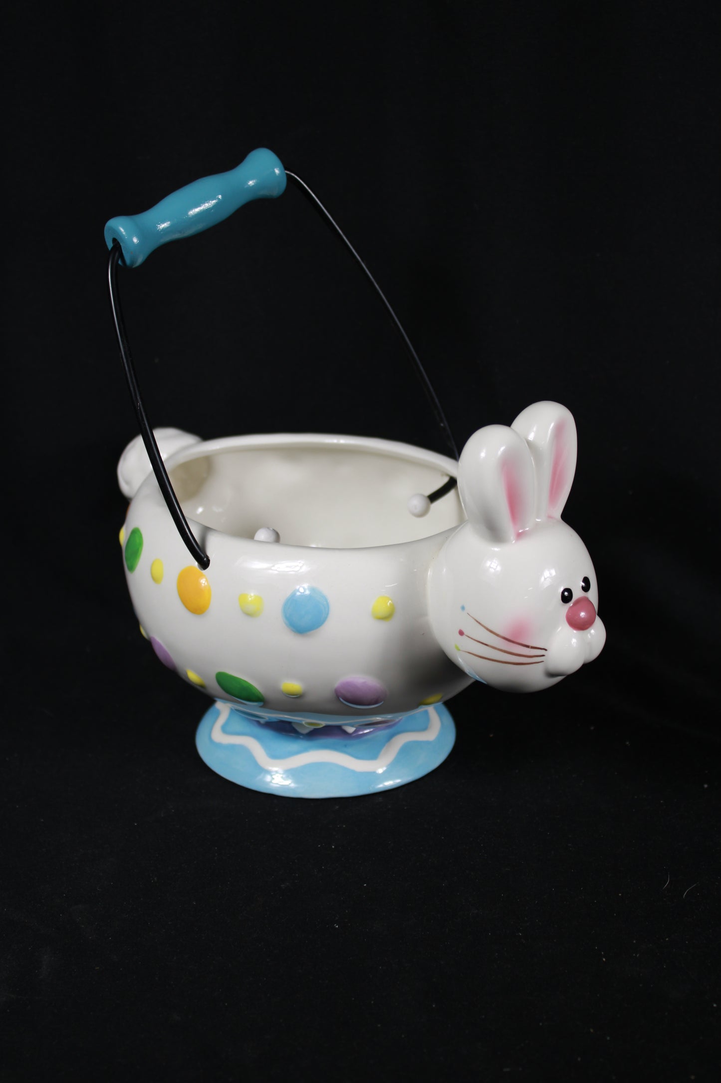 Vintage Kmart Ceramic Easter Bunny Basket with Polka Dots and Metal Handle