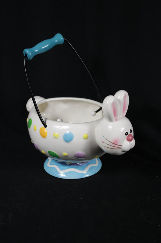 Vintage Kmart Ceramic Easter Bunny Basket with Polka Dots and Metal Handle
