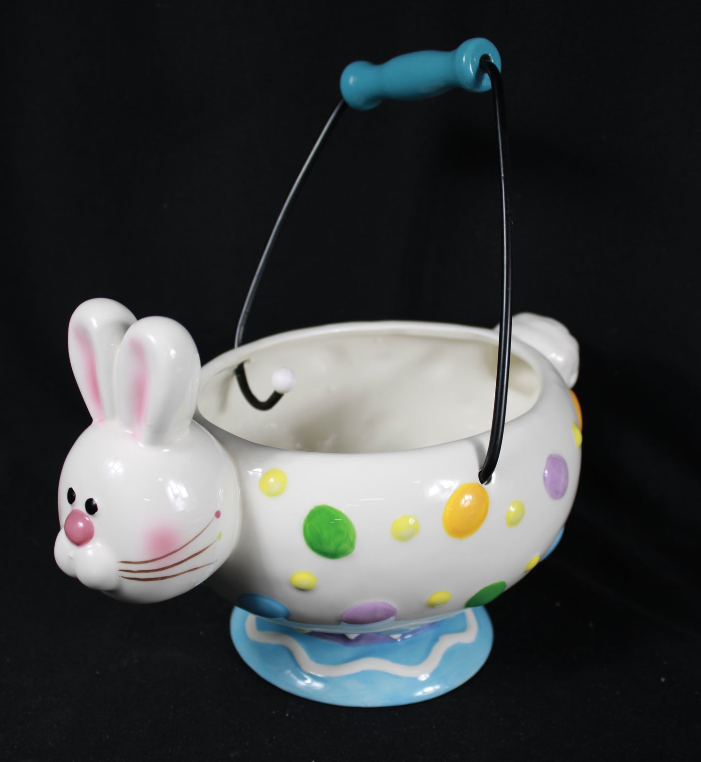 Vintage Kmart Ceramic Easter Bunny Basket with Polka Dots and Metal Handle