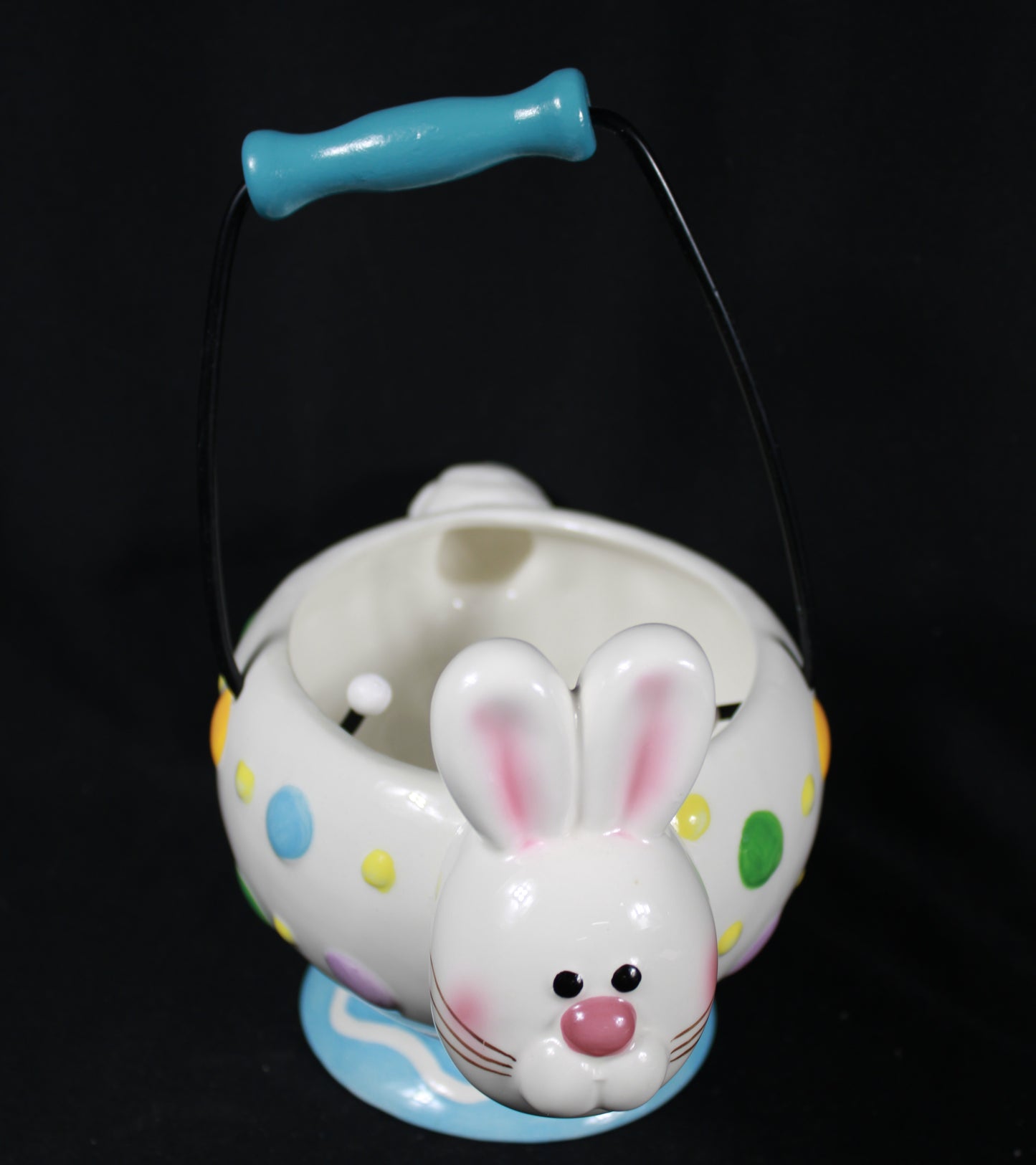 Vintage Kmart Ceramic Easter Bunny Basket with Polka Dots and Metal Handle