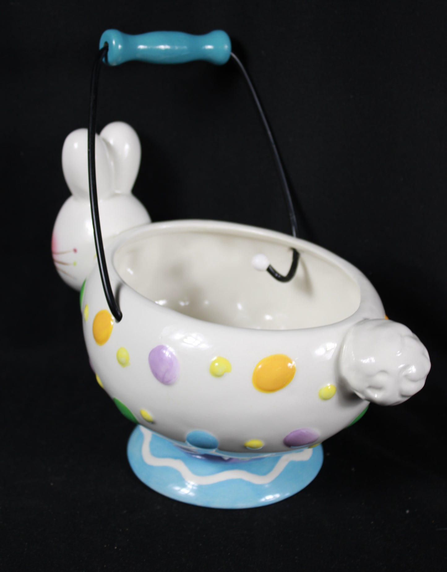 Vintage Kmart Ceramic Easter Bunny Basket with Polka Dots and Metal Handle