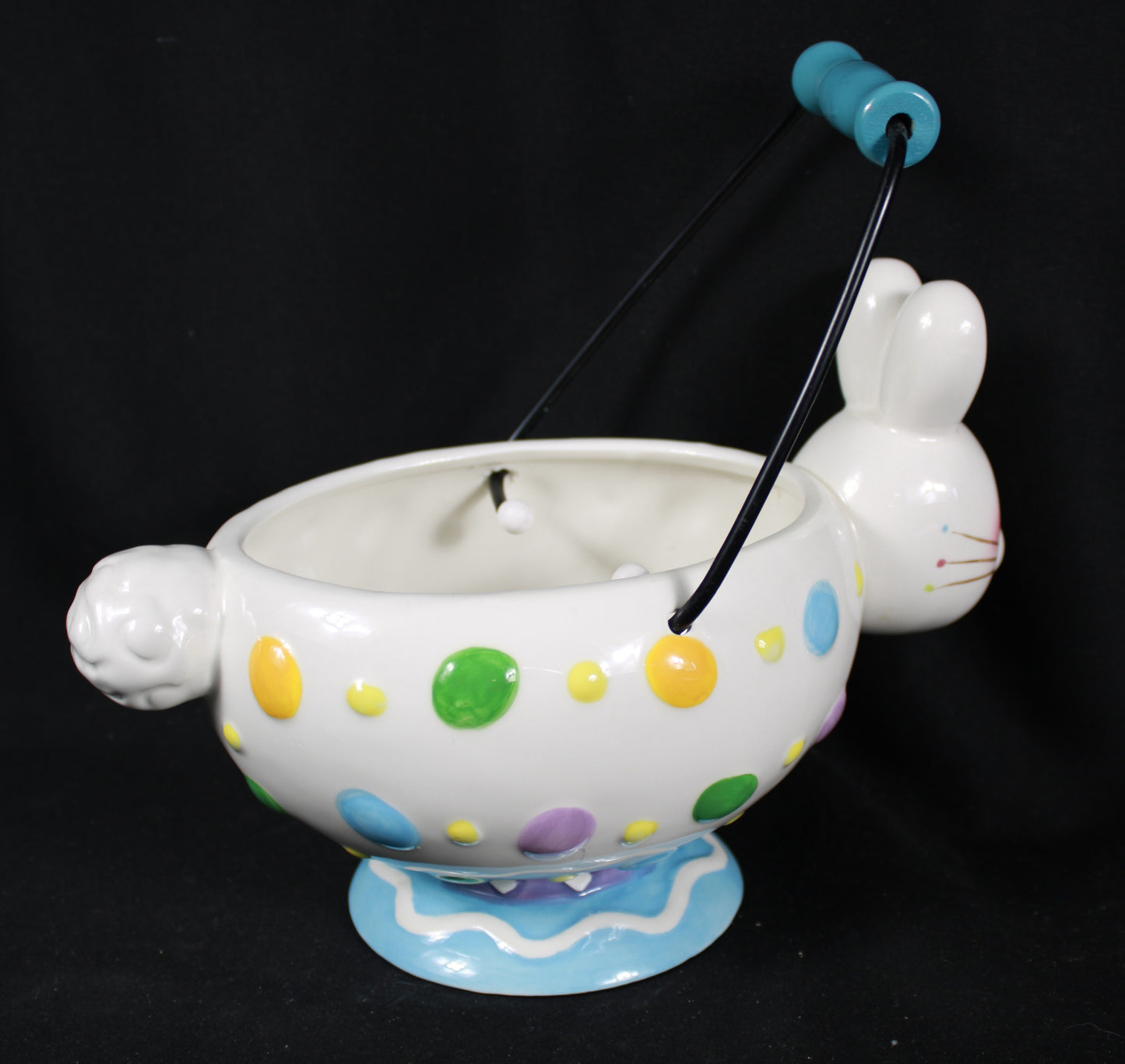 Vintage Kmart Ceramic Easter Bunny Basket with Polka Dots and Metal Handle