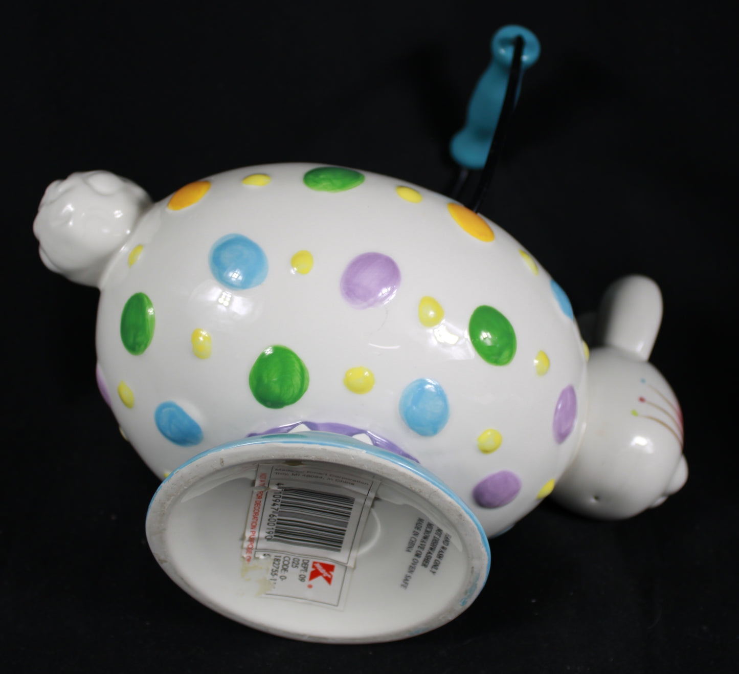 Vintage Kmart Ceramic Easter Bunny Basket with Polka Dots and Metal Handle