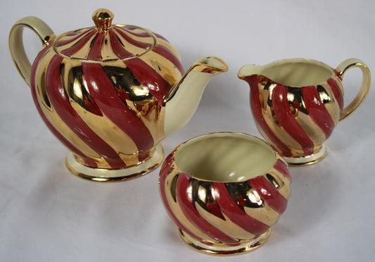Vintage Sadler England Red and Gold Swirl Tea Set