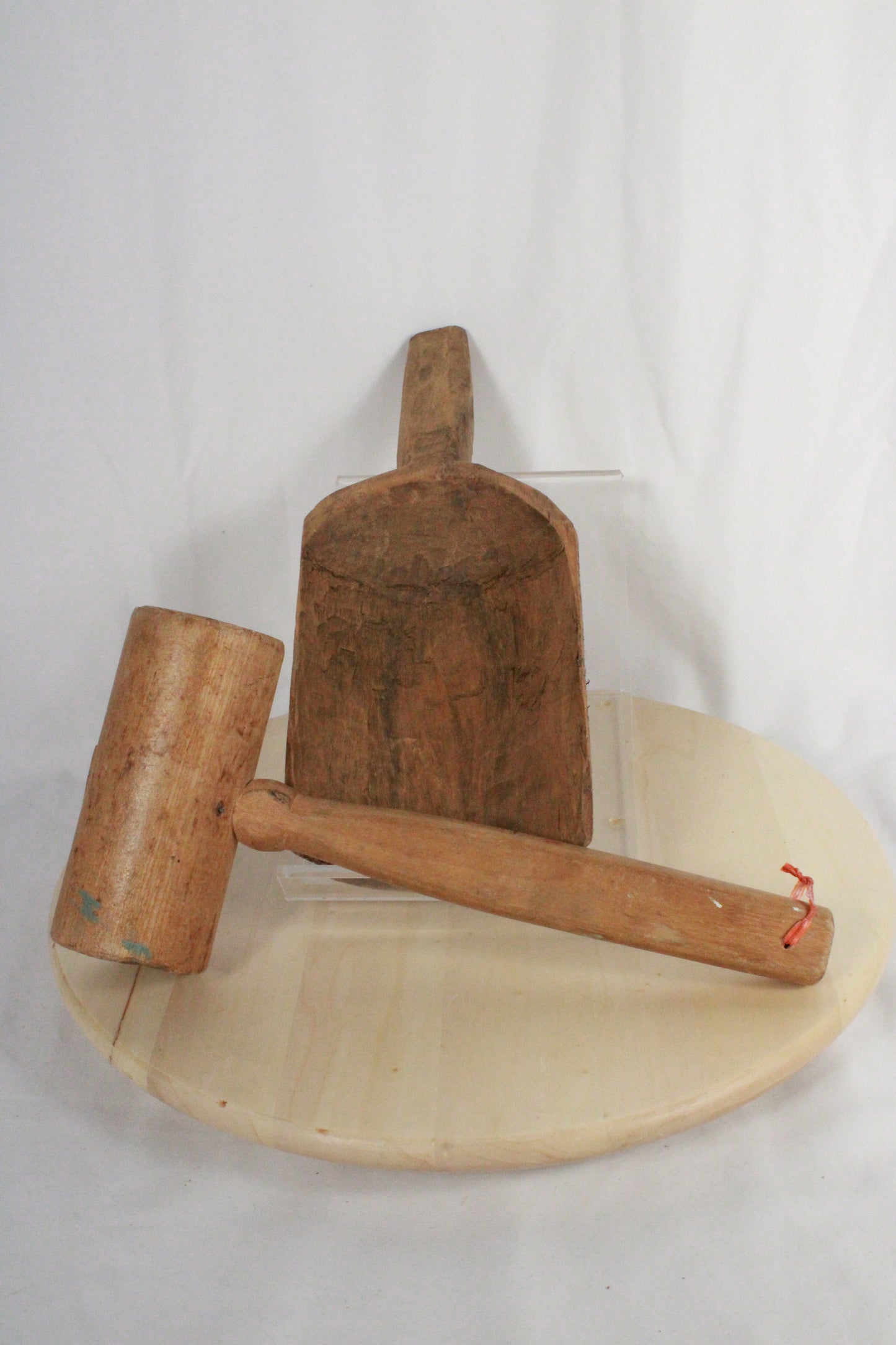 Vintage Hand-Carved Primitive Wooden Mallet and Grain Scoop Set