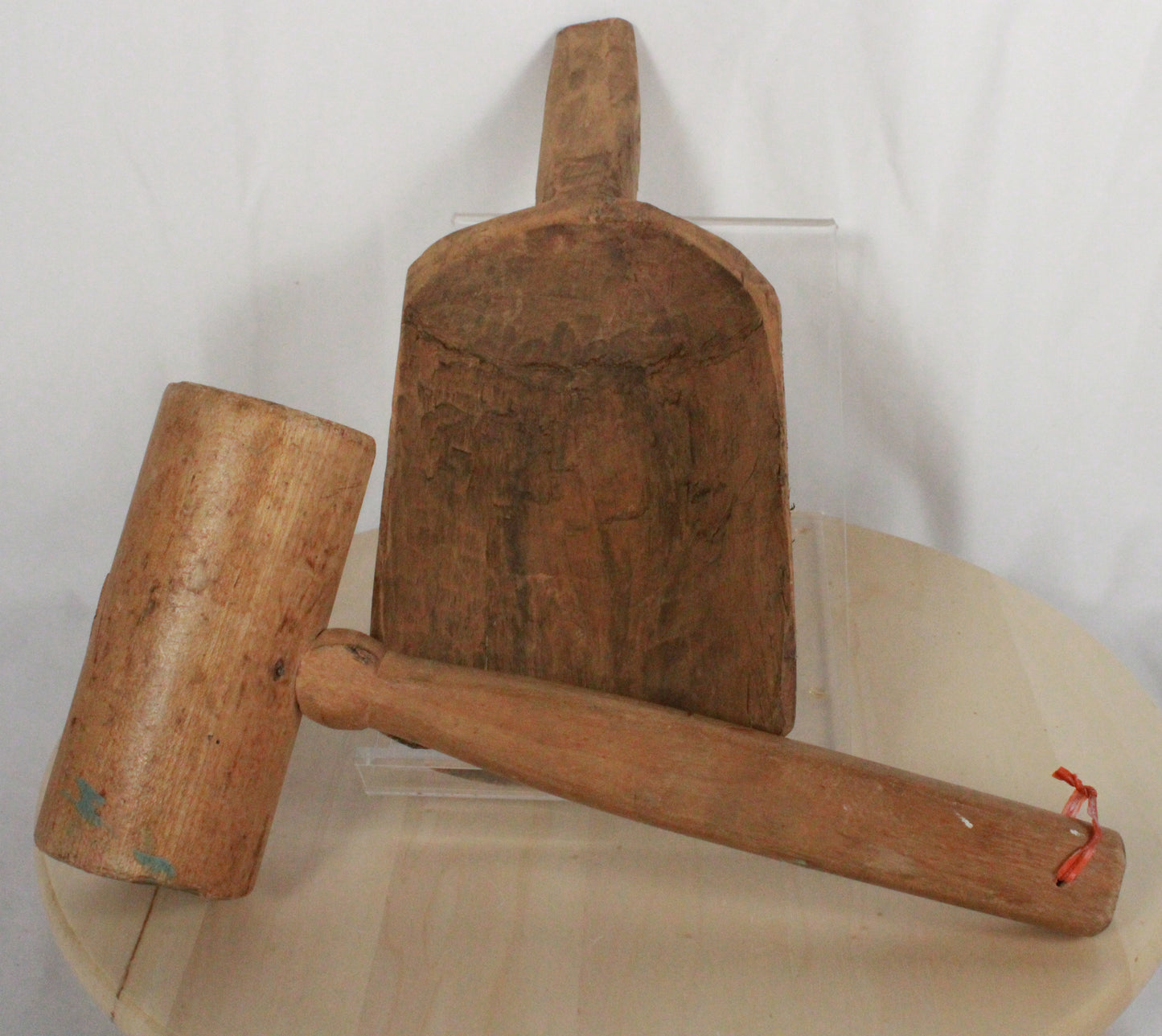 Vintage Hand-Carved Primitive Wooden Mallet and Grain Scoop Set