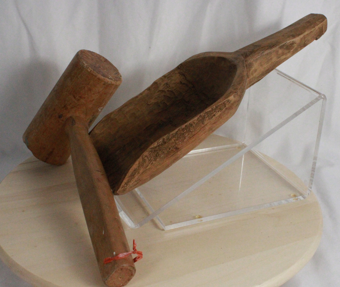 Vintage Hand-Carved Primitive Wooden Mallet and Grain Scoop Set