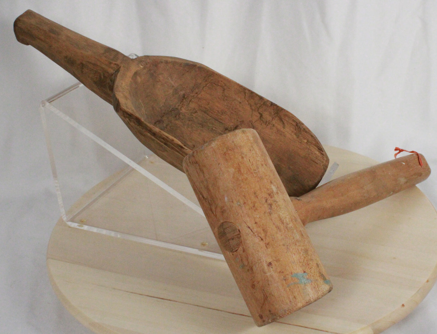 Vintage Hand-Carved Primitive Wooden Mallet and Grain Scoop Set