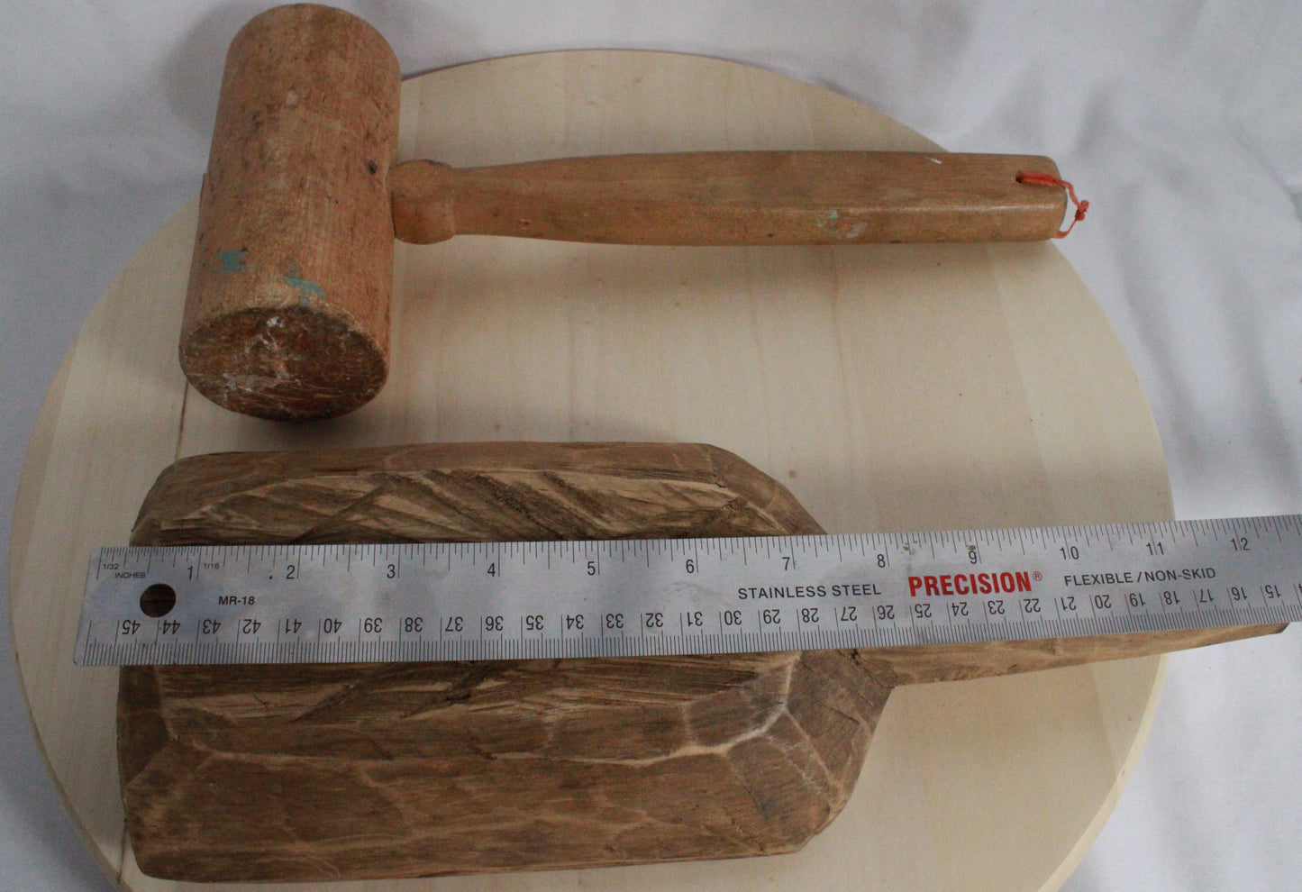Vintage Hand-Carved Primitive Wooden Mallet and Grain Scoop Set