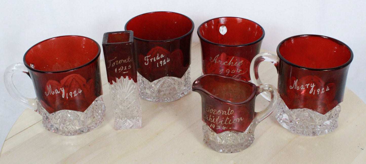 Antique Ruby Stained EAPG Souvenir Glass Collection Toronto Exhibition 1904-1924 6pc Lot