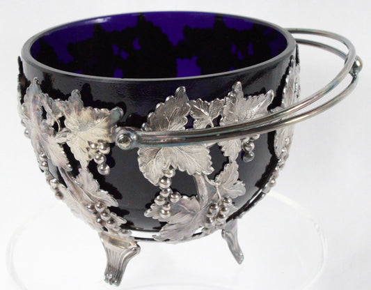Antique English Cobalt and Silver Plate Grapevine Sugar Scuttle