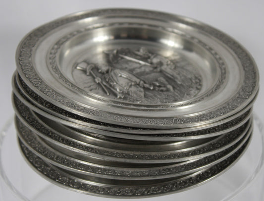 Set of 6 Vintage German Biedermeier Style Relief Pewter Wall Hanging Plates