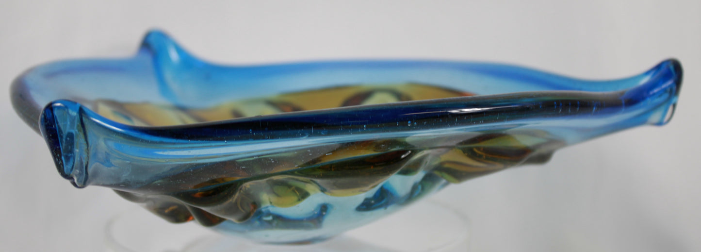 Mid-Century Modern Azure and Amber Biomorphic Art Glass Centerpiece