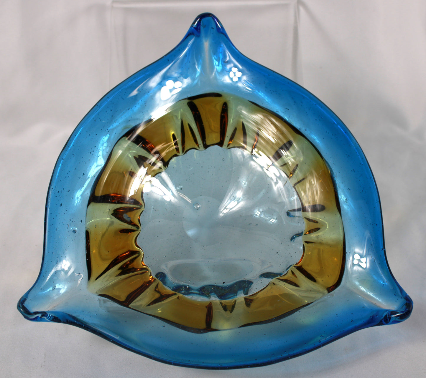 Mid-Century Modern Azure and Amber Biomorphic Art Glass Centerpiece