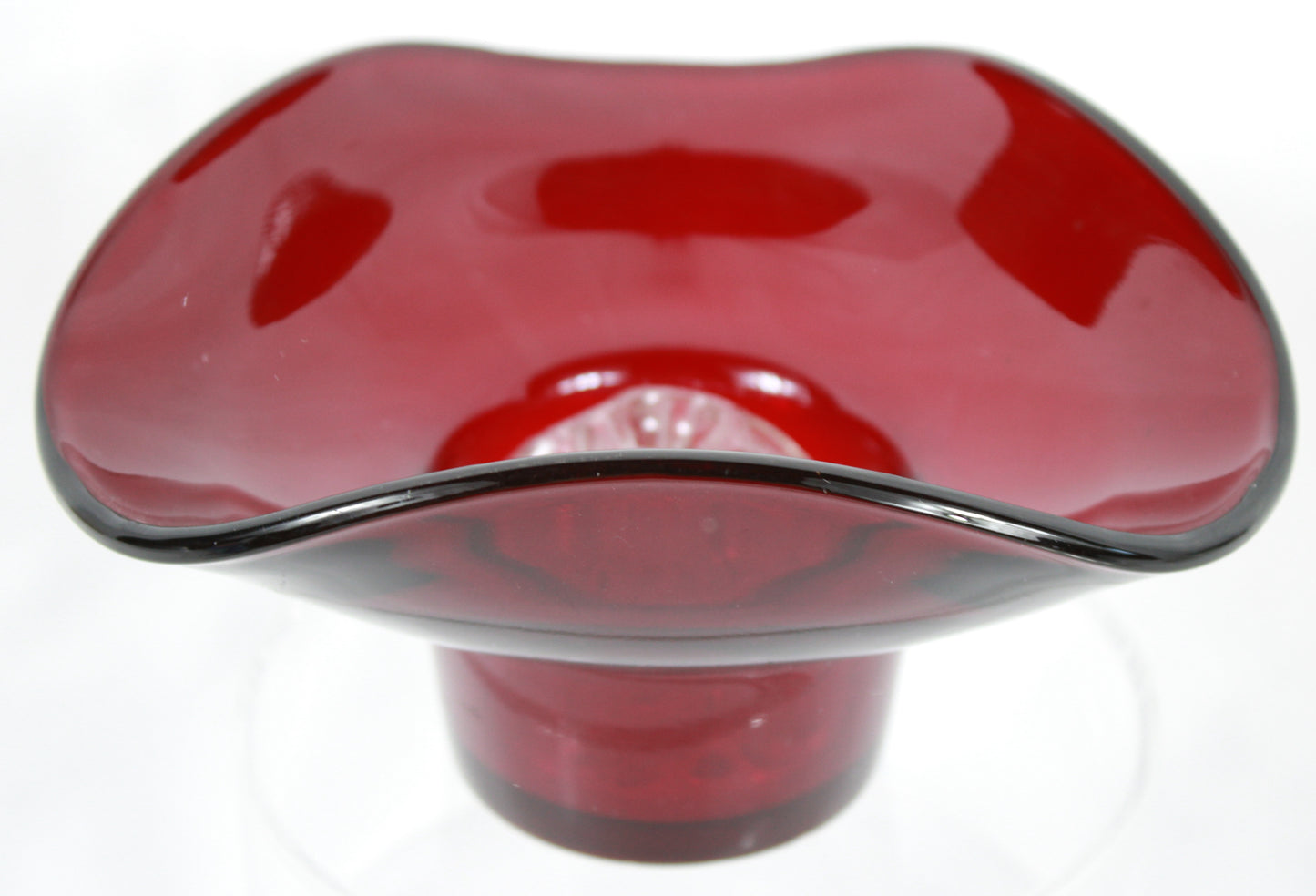 Vintage Ruby Red Art Glass Posy Bowl with Crystal Flower Frog