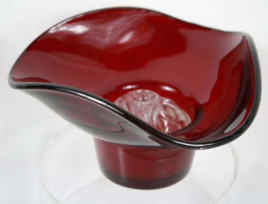 Vintage Ruby Red Art Glass Posy Bowl with Crystal Flower Frog