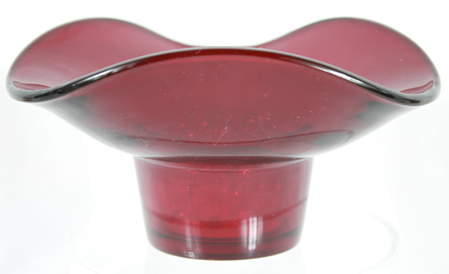 Vintage Ruby Red Art Glass Posy Bowl with Crystal Flower Frog