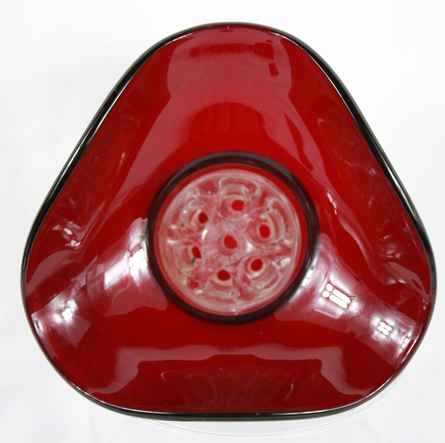 Vintage Ruby Red Art Glass Posy Bowl with Crystal Flower Frog