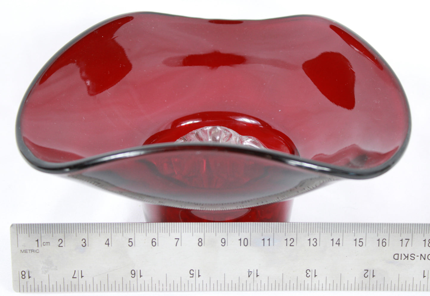 Vintage Ruby Red Art Glass Posy Bowl with Crystal Flower Frog