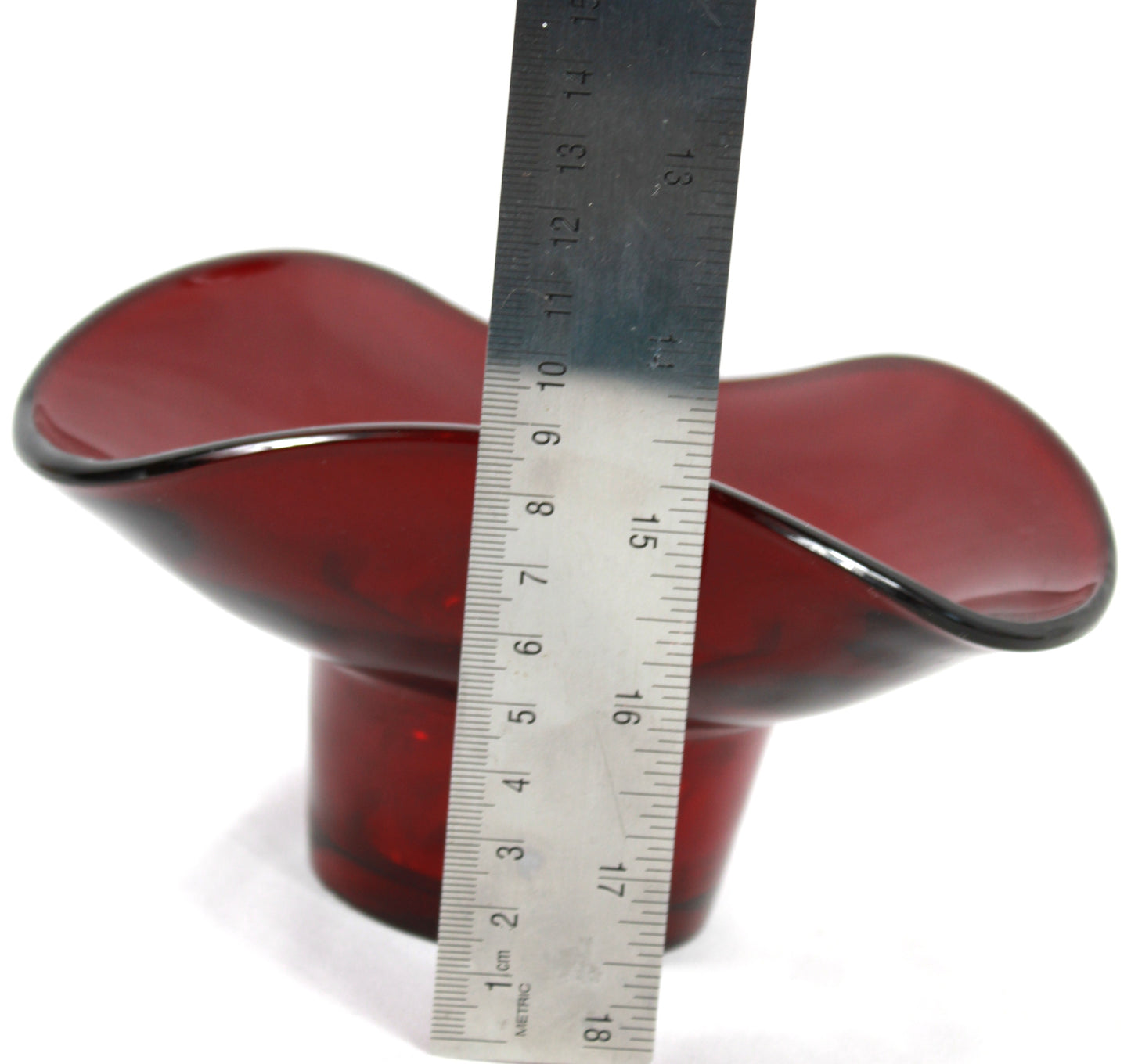 Vintage Ruby Red Art Glass Posy Bowl with Crystal Flower Frog