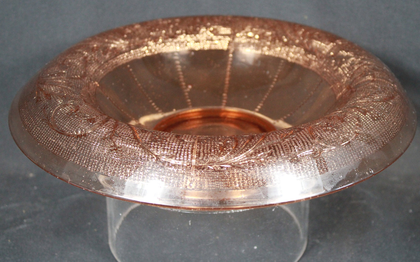 Peachy Pink Depression Glass Rolled Rim Console Bowl
