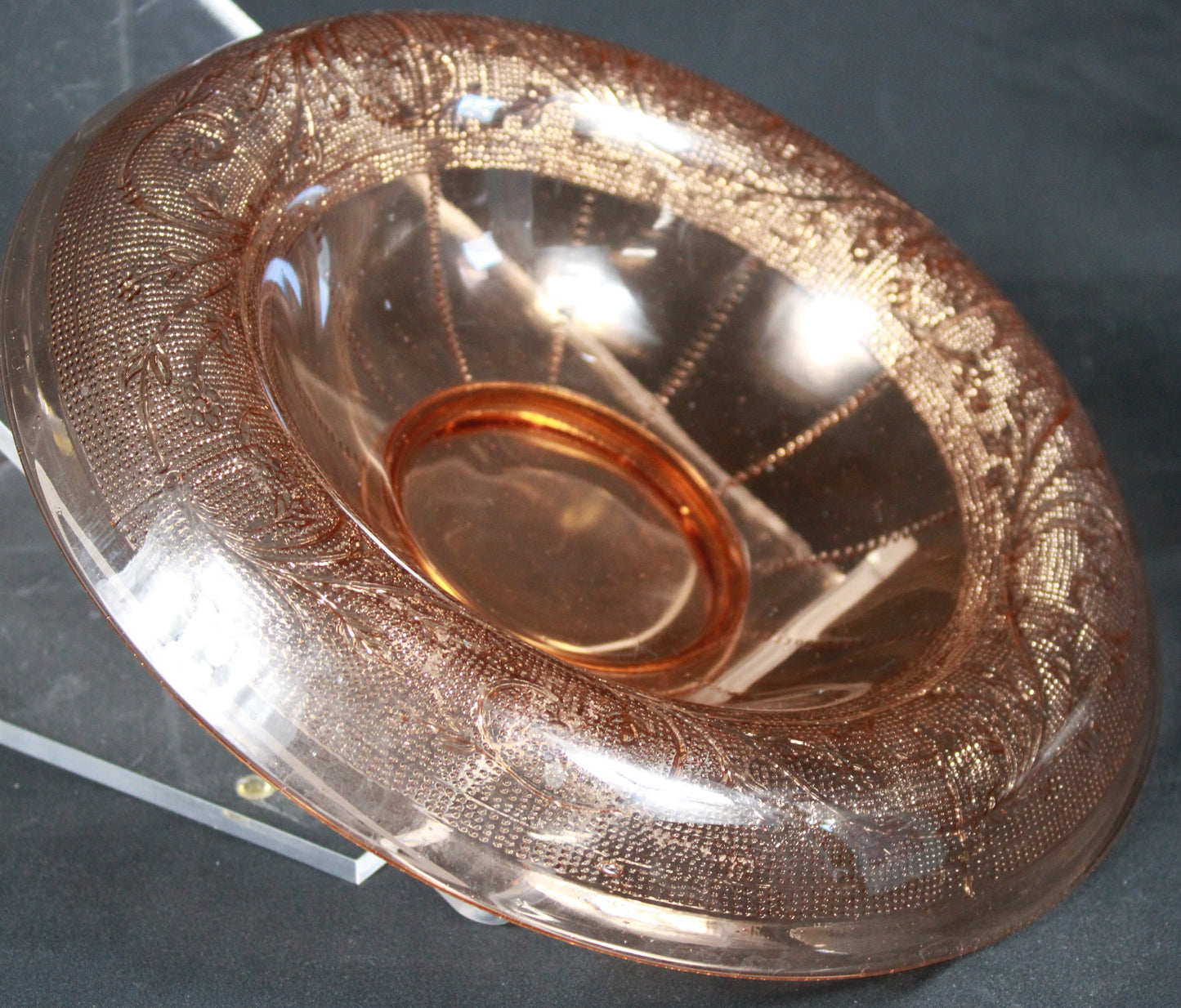 Peachy Pink Depression Glass Rolled Rim Console Bowl