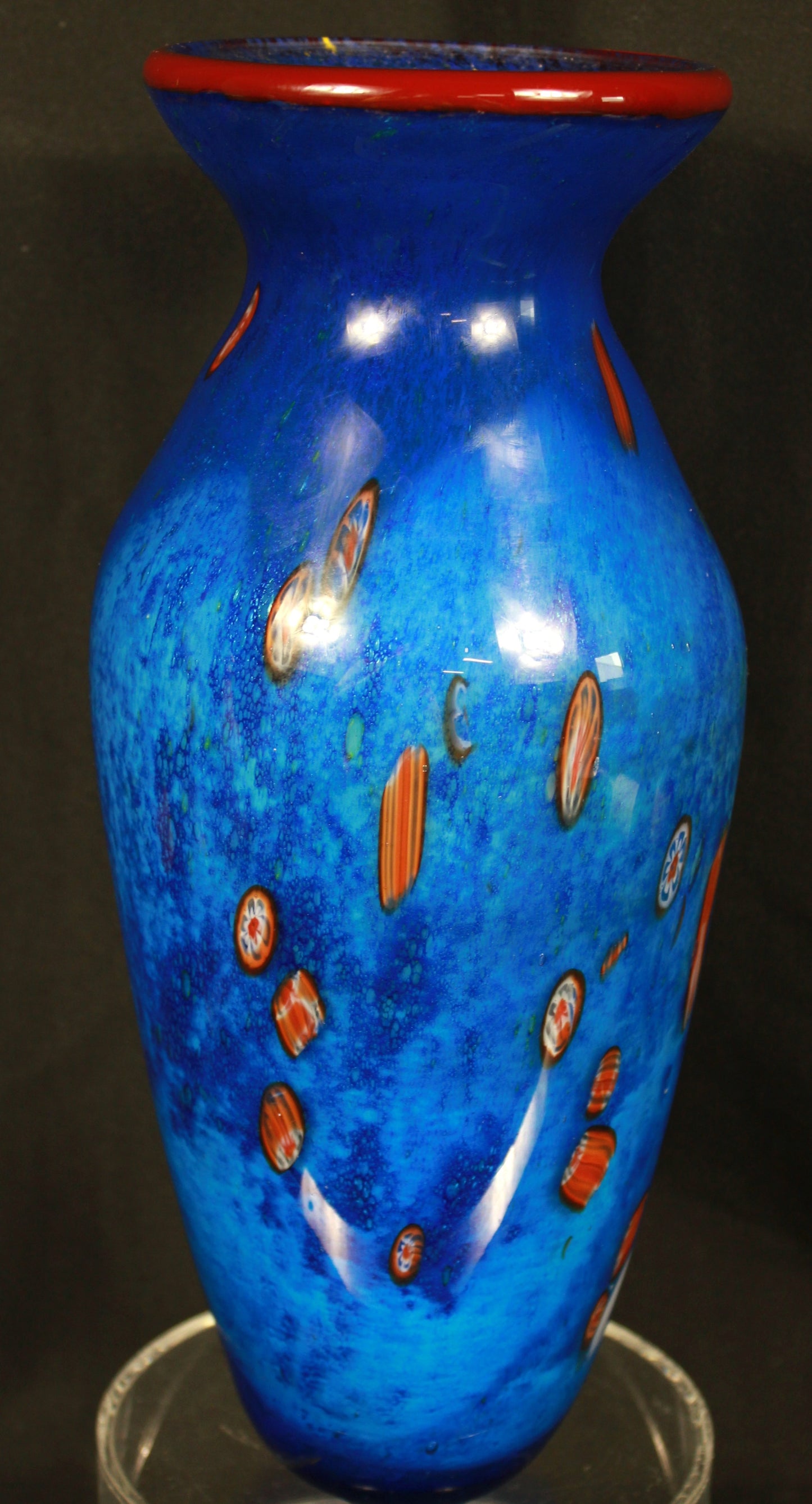 Cobalt Blue Art Glass Vase with Millefiori Accents and Red Rim