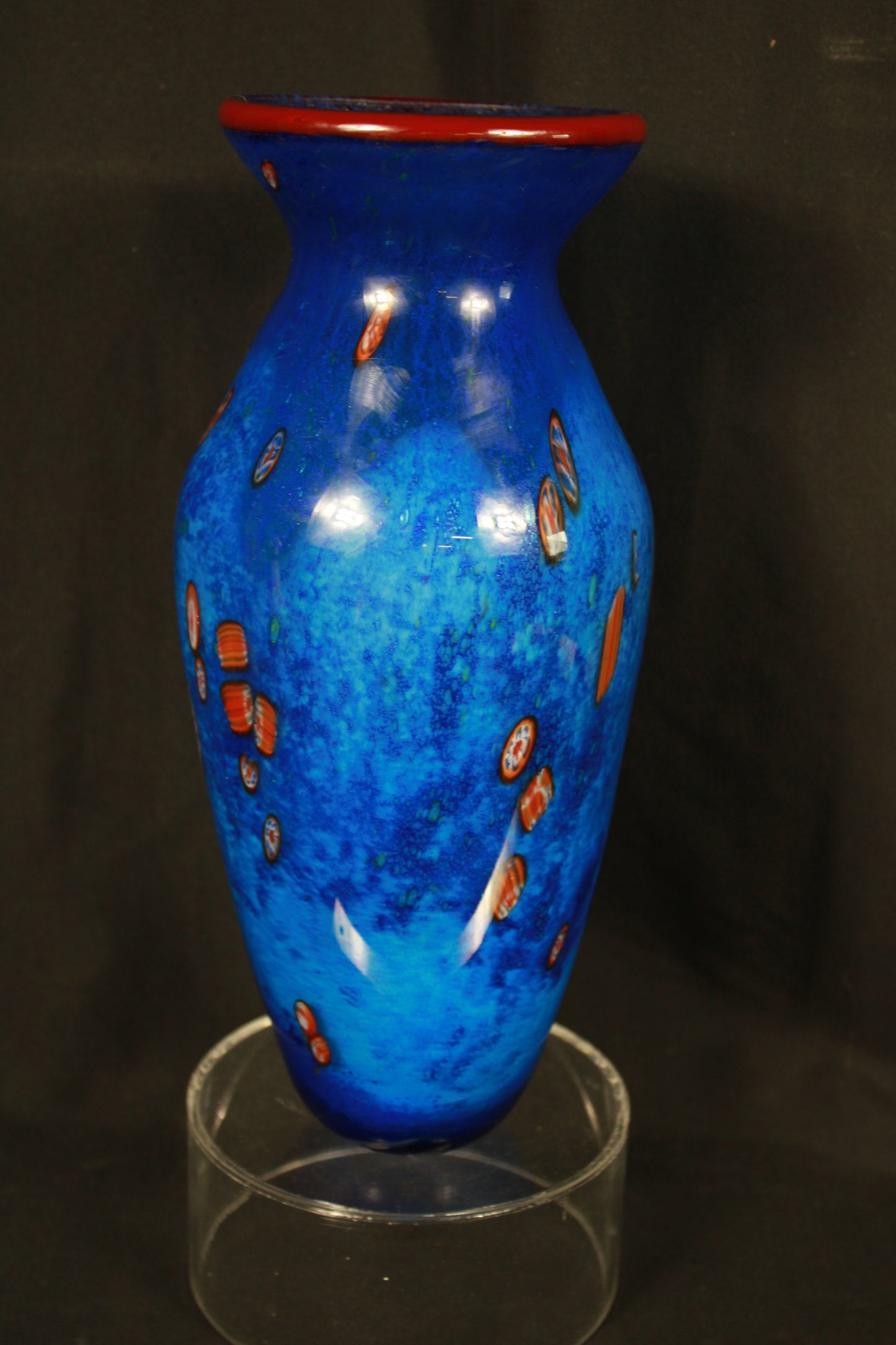 Cobalt Blue Art Glass Vase with Millefiori Accents and Red Rim