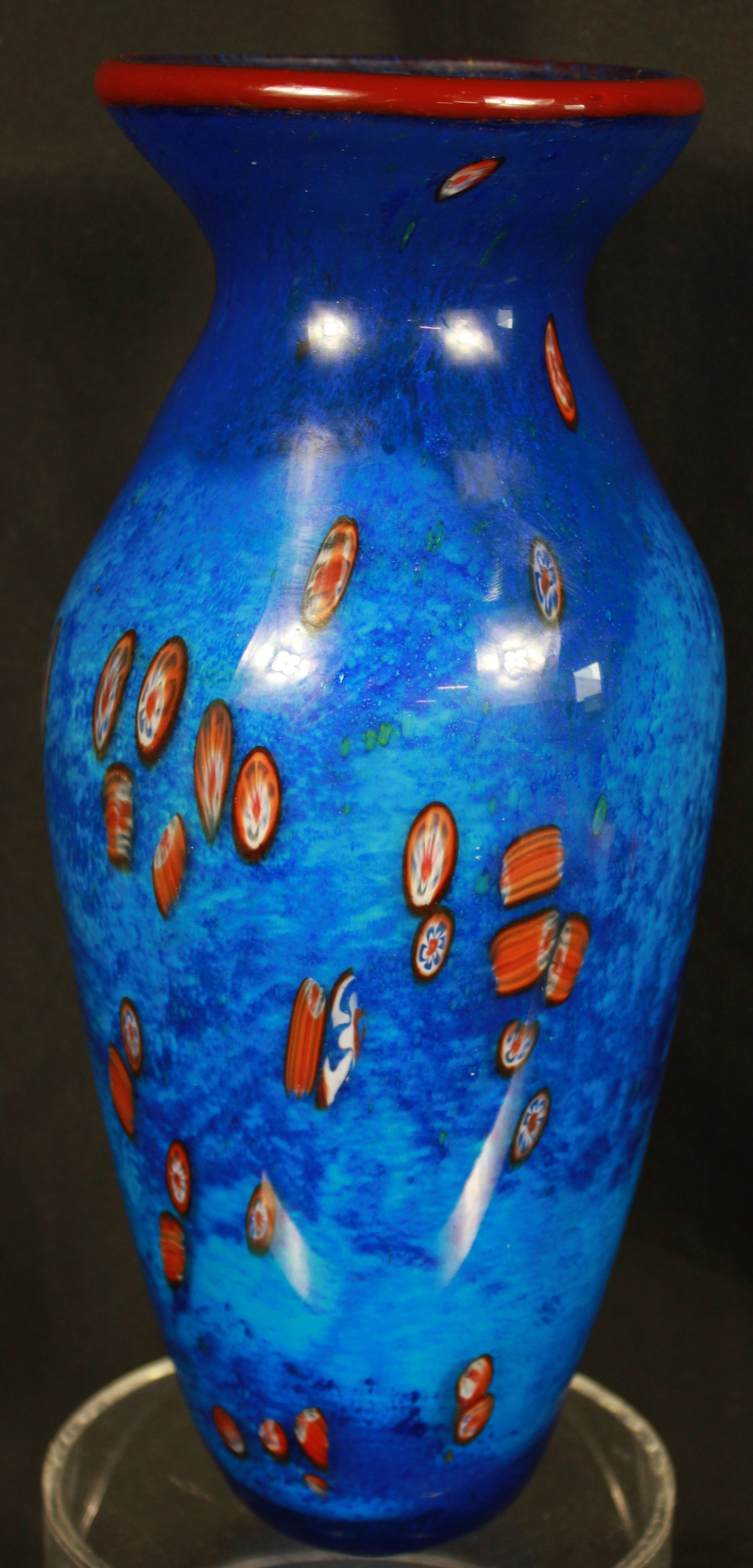 Cobalt Blue Art Glass Vase with Millefiori Accents and Red Rim