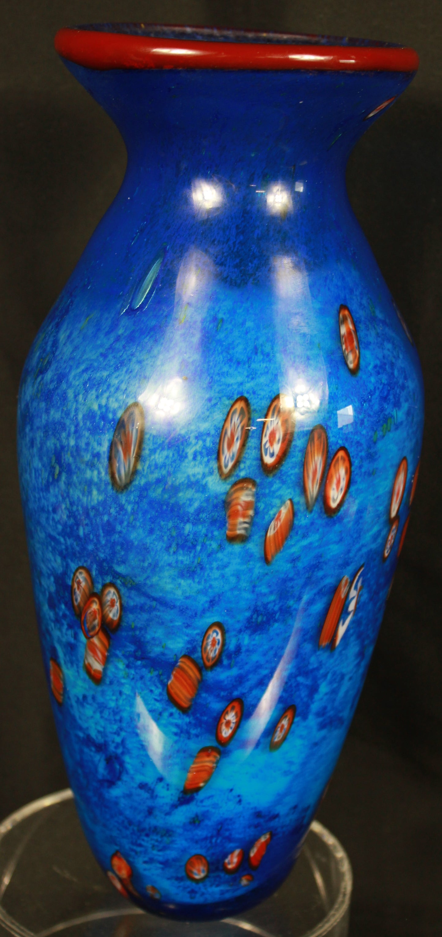 Cobalt Blue Art Glass Vase with Millefiori Accents and Red Rim