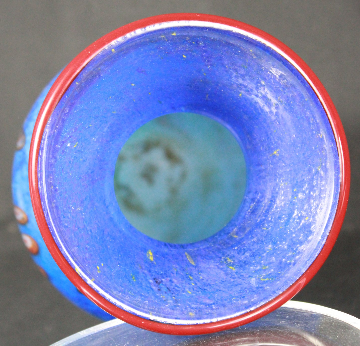 Cobalt Blue Art Glass Vase with Millefiori Accents and Red Rim