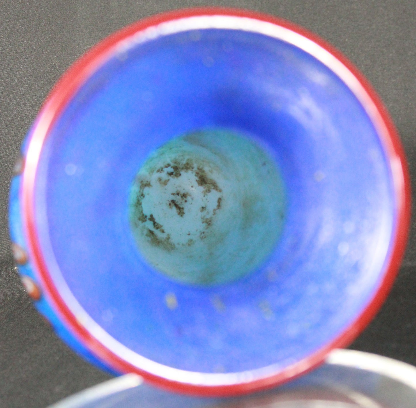 Cobalt Blue Art Glass Vase with Millefiori Accents and Red Rim