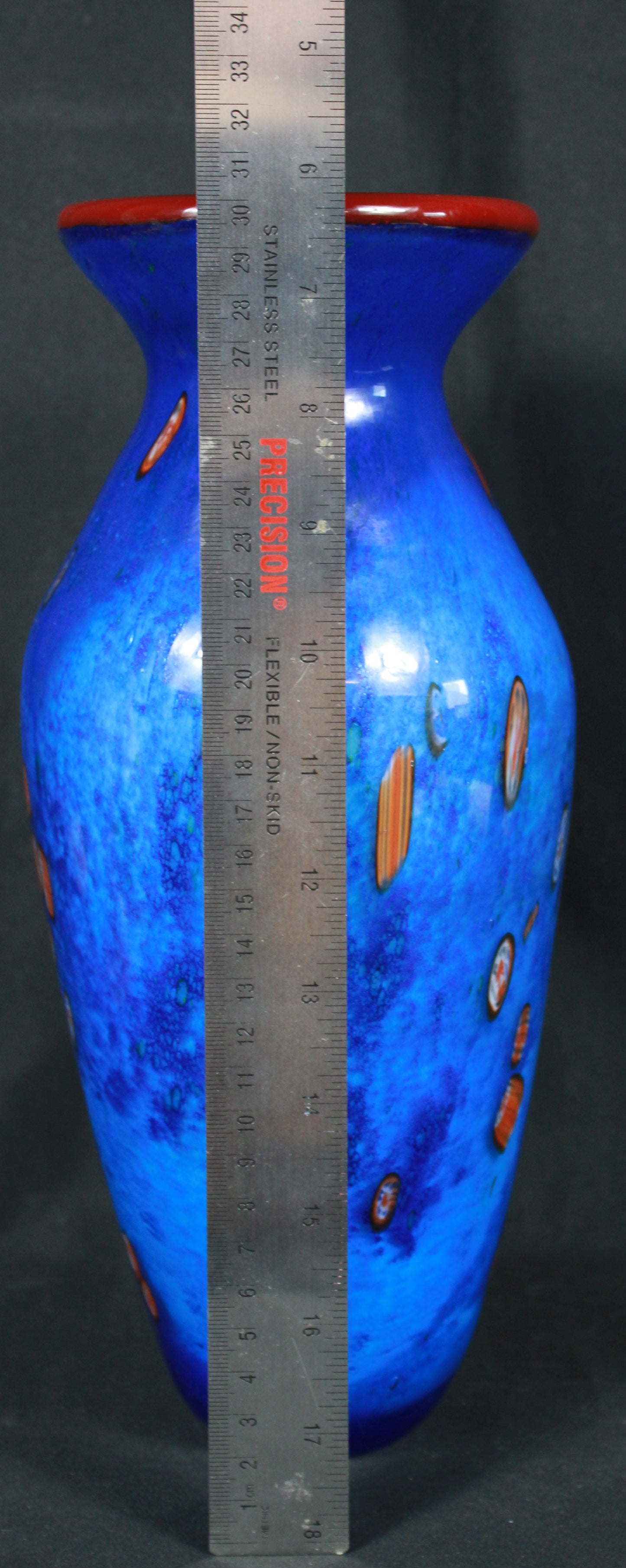 Cobalt Blue Art Glass Vase with Millefiori Accents and Red Rim