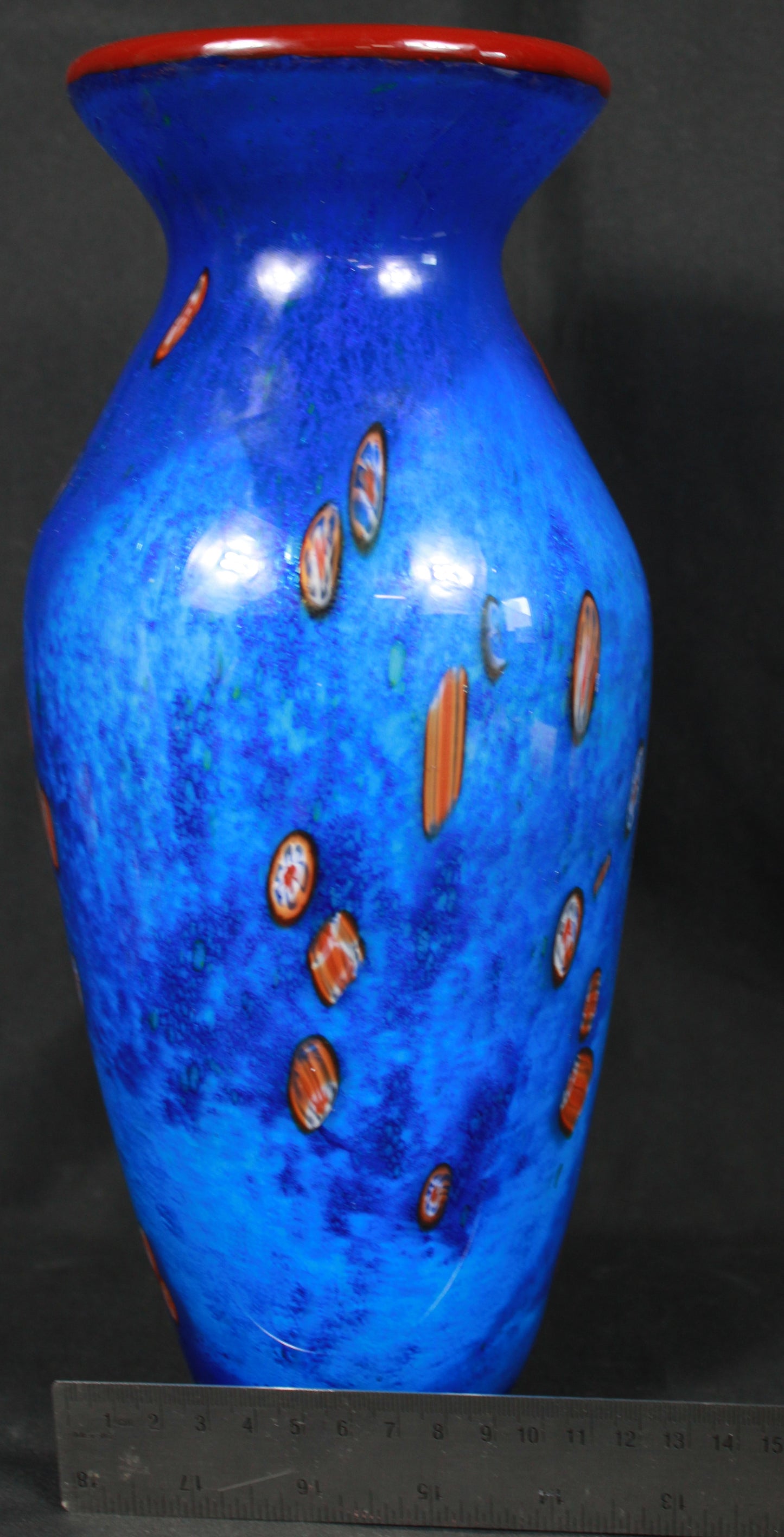 Cobalt Blue Art Glass Vase with Millefiori Accents and Red Rim