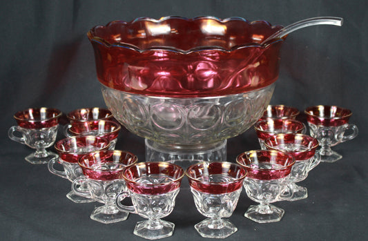 Vintage Indiana Glass King's Crown Ruby Flash Punch Bowl Set