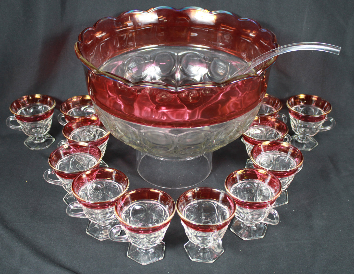 Vintage Indiana Glass King's Crown Ruby Flash Punch Bowl Set