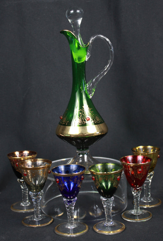Vintage Italian Glass Decanter Set with 6 Multi-Colored Cordial Glasses