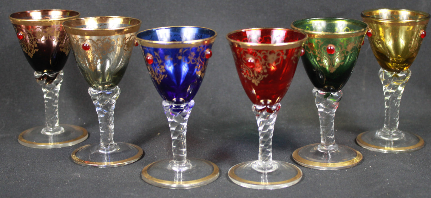 Vintage Italian Glass Decanter Set with 6 Multi-Colored Cordial Glasses