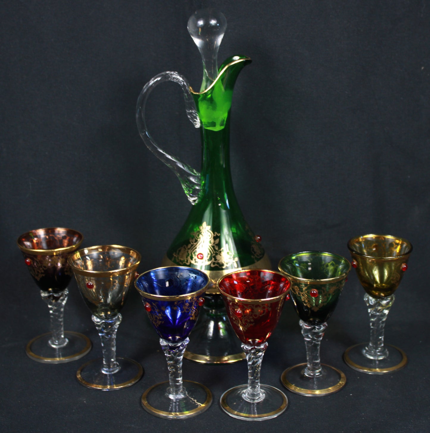 Vintage Italian Glass Decanter Set with 6 Multi-Colored Cordial Glasses