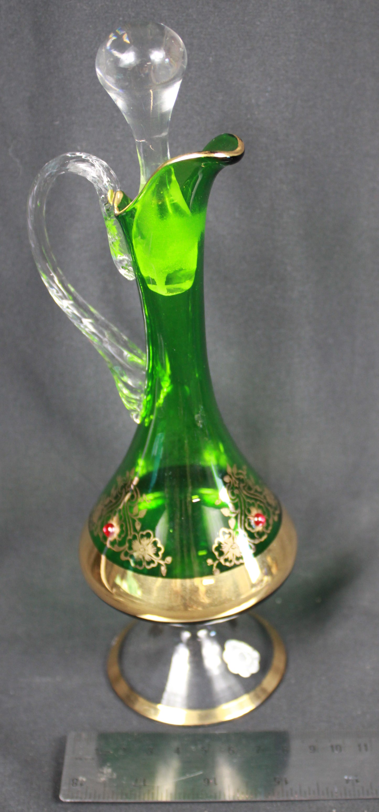 Vintage Italian Glass Decanter Set with 6 Multi-Colored Cordial Glasses