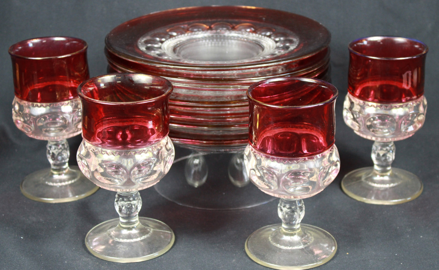 King's Crown Ruby Stained Glass Dessert Plates and Goblets Set