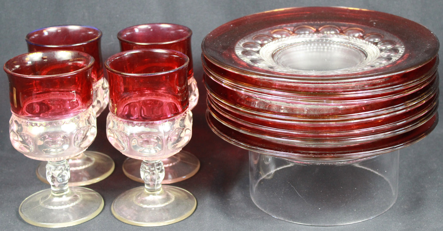 King's Crown Ruby Stained Glass Dessert Plates and Goblets Set