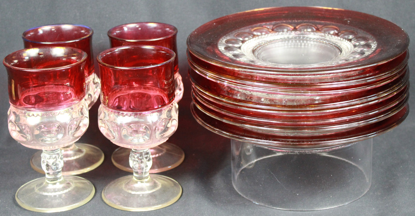 King's Crown Ruby Stained Glass Dessert Plates and Goblets Set